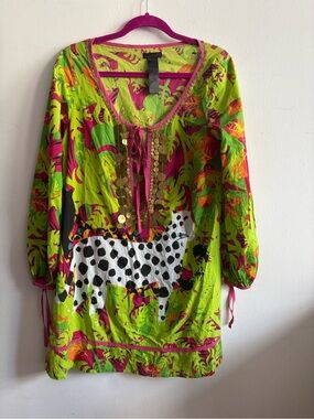 Custo Barcelona green and pink floral print blouse and coin embellishments